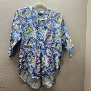 APNY 100% Linen V Neck Top Sz S Wearable Art‎ To Wear Floral Abstract Artsy